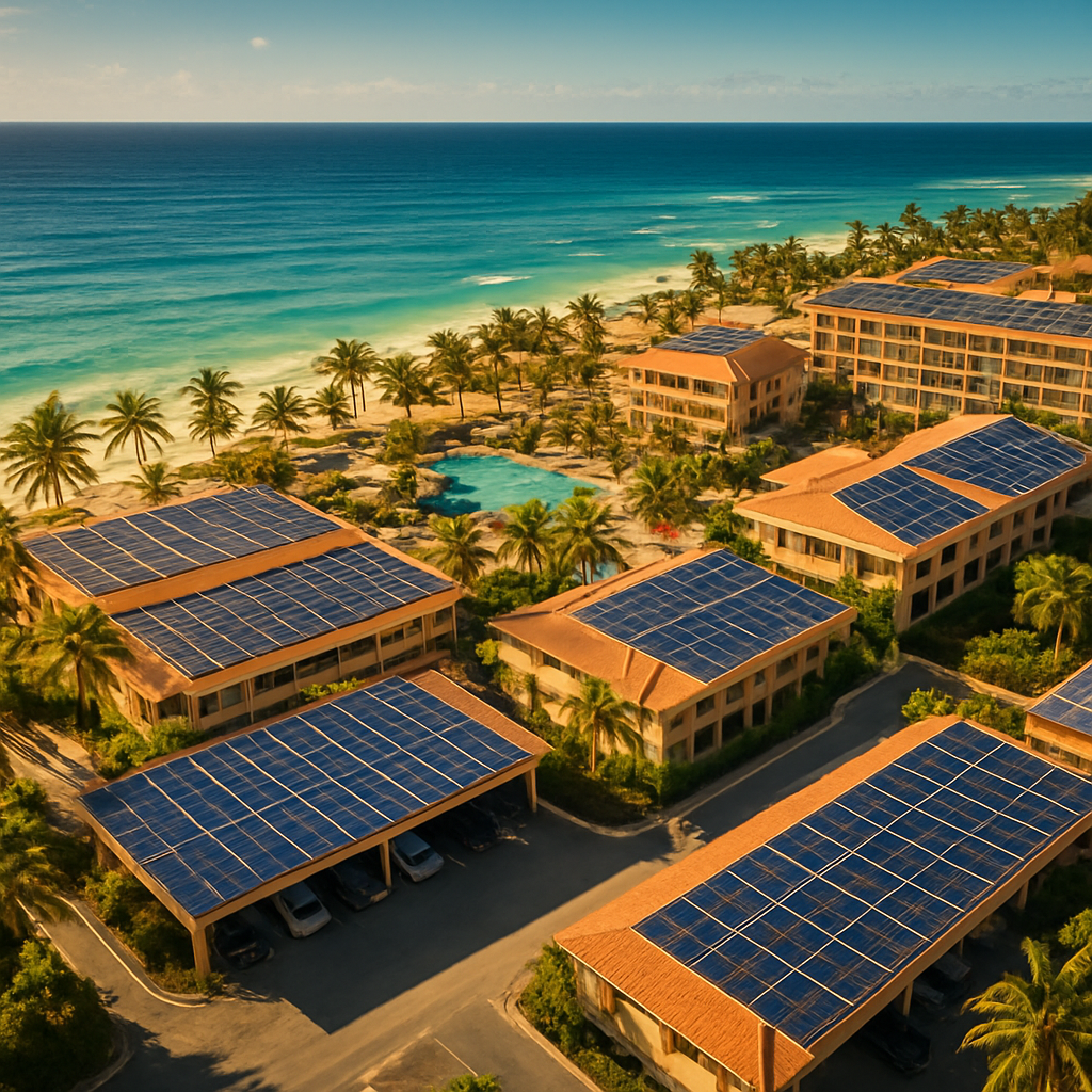 Caribbean beach resort with rooftop and carport solar arrays